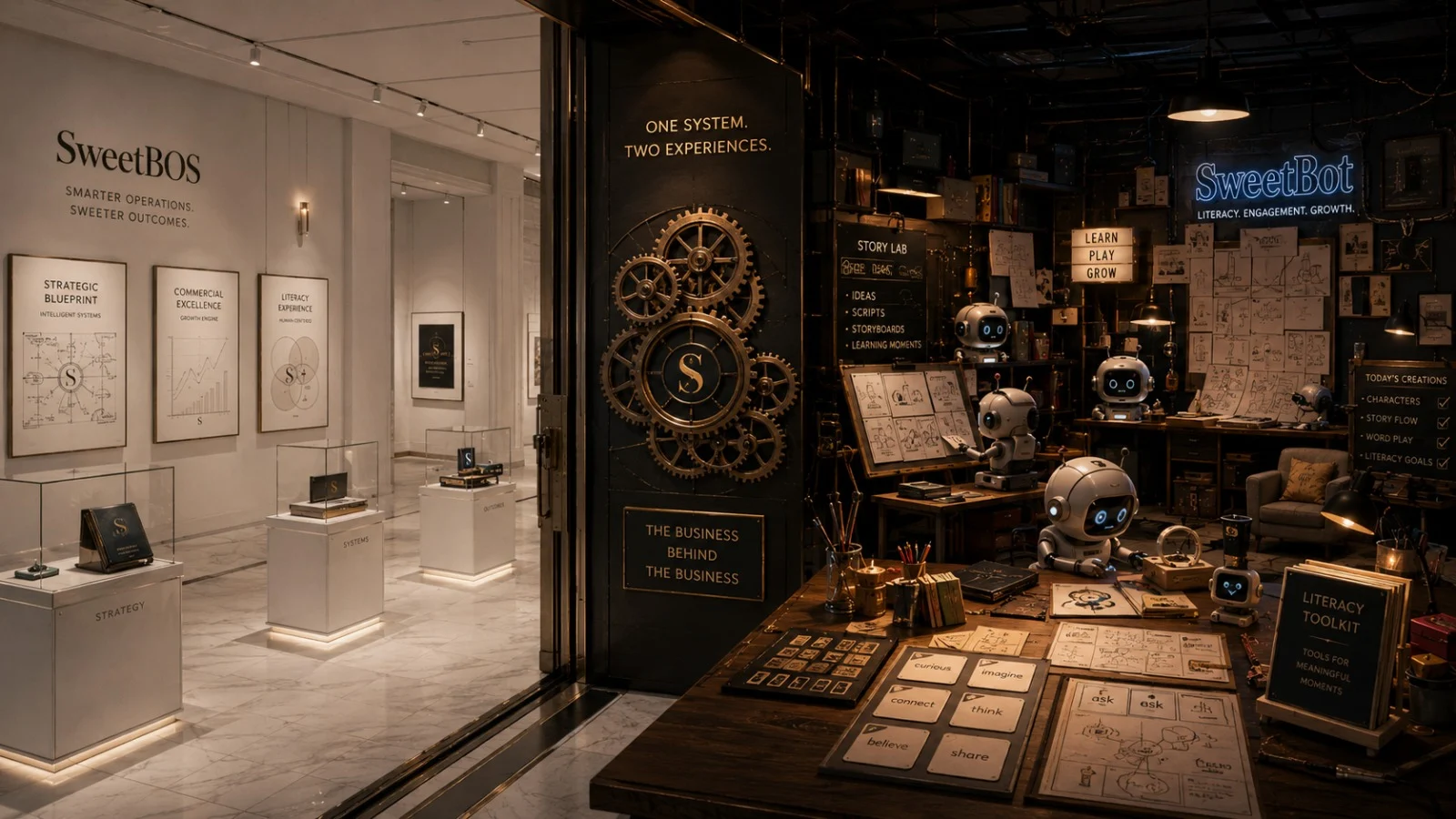 One system, two experiences — the SweetBOS gallery alongside the SweetBot studio
